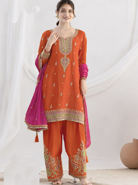 Orange Chinon Silk Embroidered Designer Salwar Suit