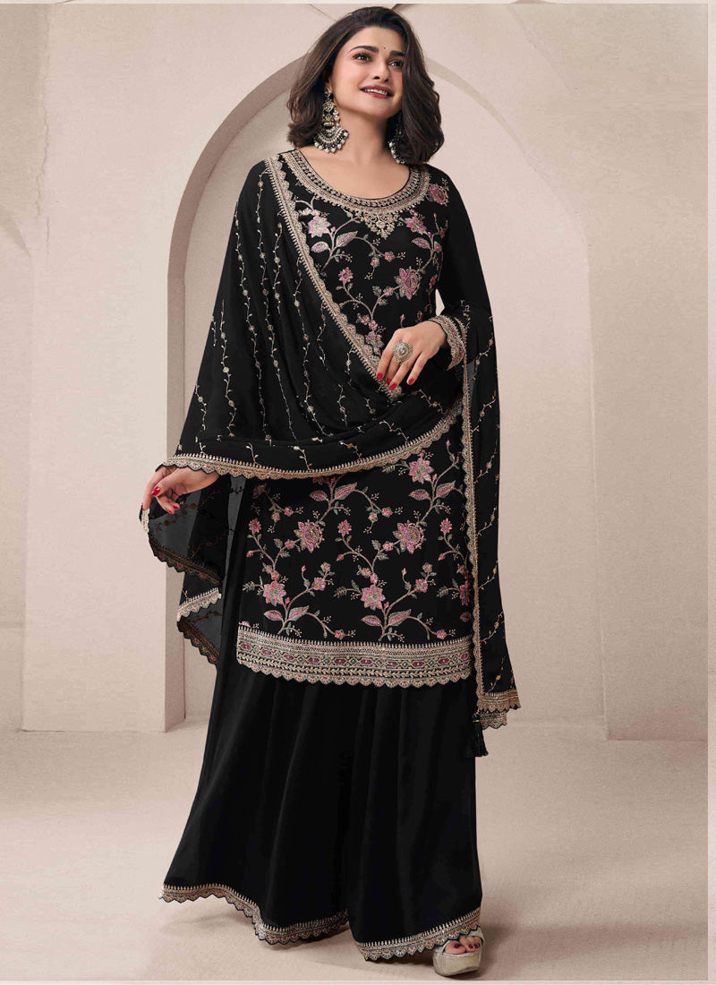 Black Chinon Silk Embroidered Sharara Suit