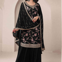 Black Chinon Silk Embroidered Sharara Suit