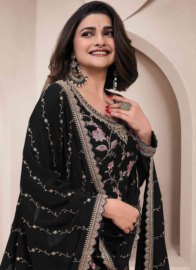 Black Chinon Silk Embroidered Sharara Suit