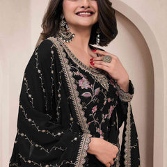 Black Chinon Silk Embroidered Sharara Suit