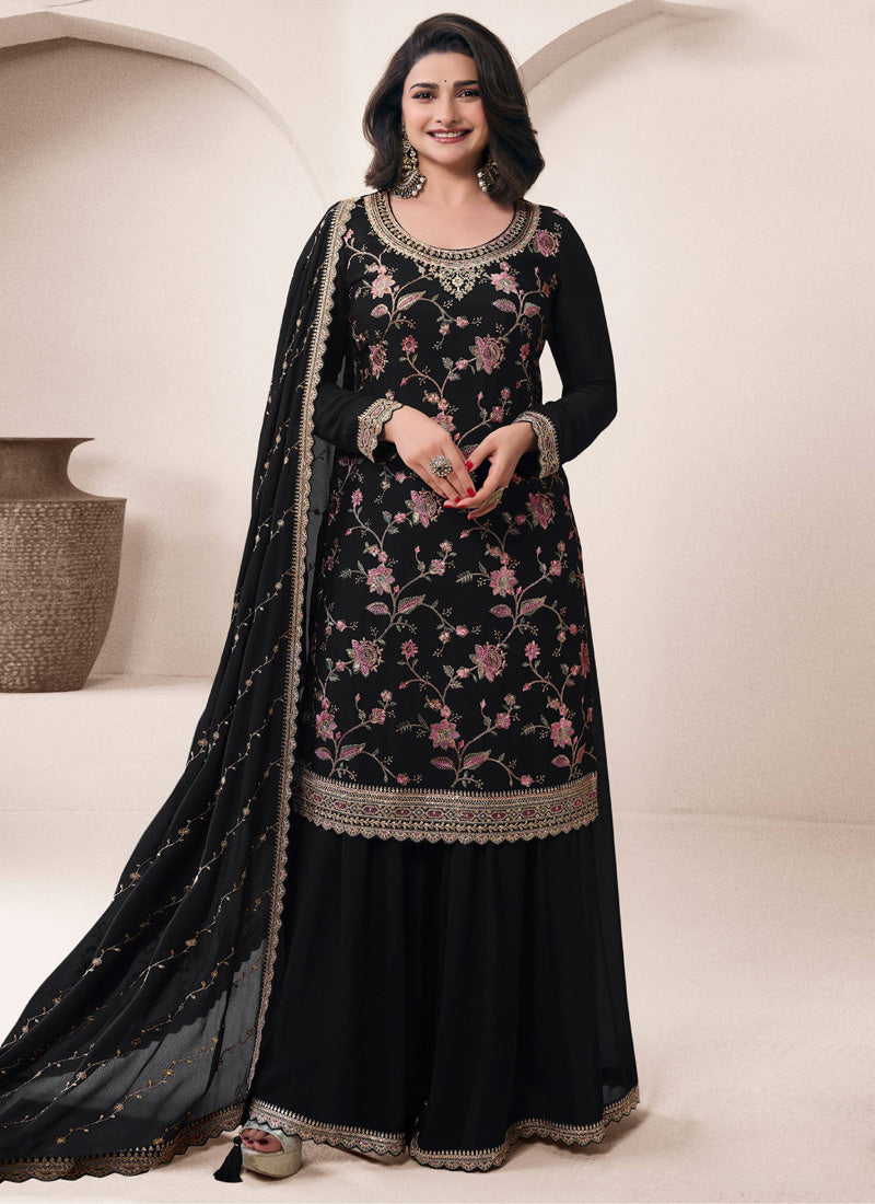 Black Chinon Silk Embroidered Sharara Suit