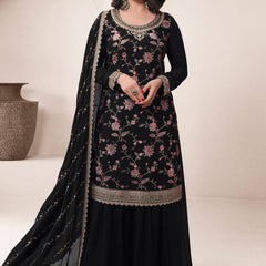 Black Chinon Silk Embroidered Sharara Suit