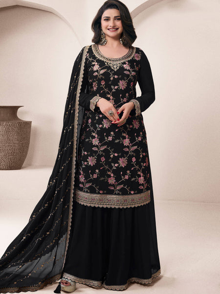 Black Chinon Silk Embroidered Sharara Suit
