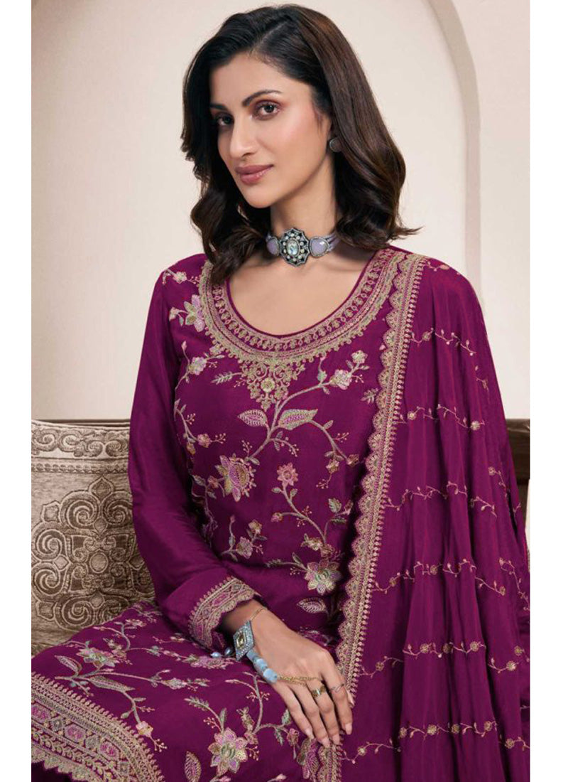 Violet Chinon Silk Embroidered Sharara Suit