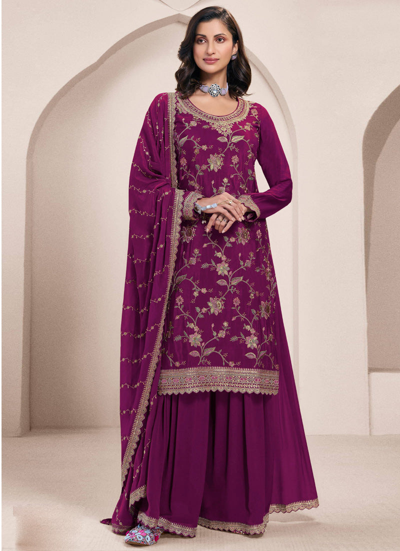 Violet Chinon Silk Embroidered Sharara Suit