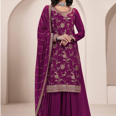 Violet Chinon Silk Embroidered Sharara Suit