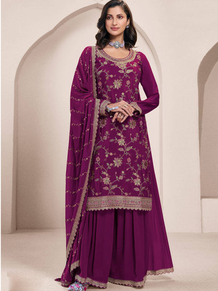 Violet Chinon Silk Embroidered Sharara Suit