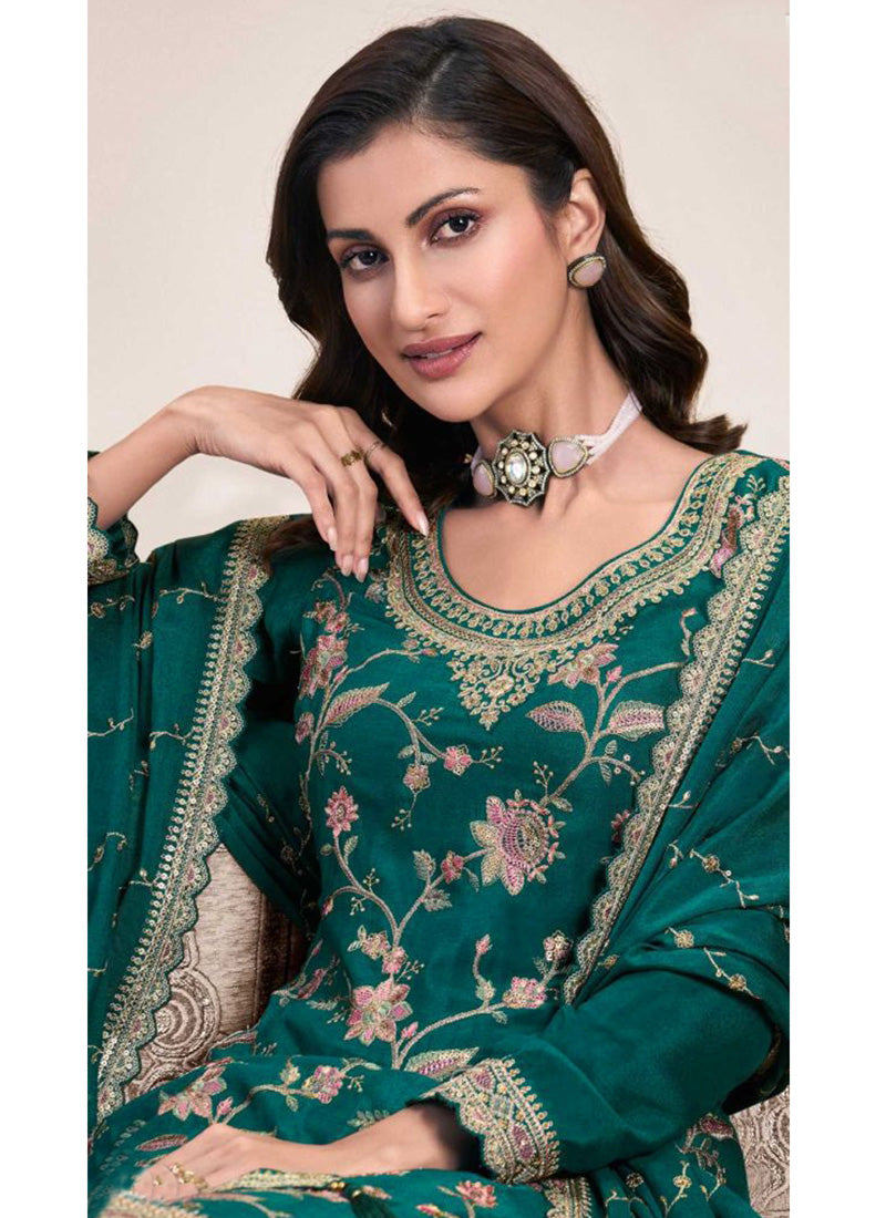 Aqua Green Chinon Silk Embroidered Sharara Suit