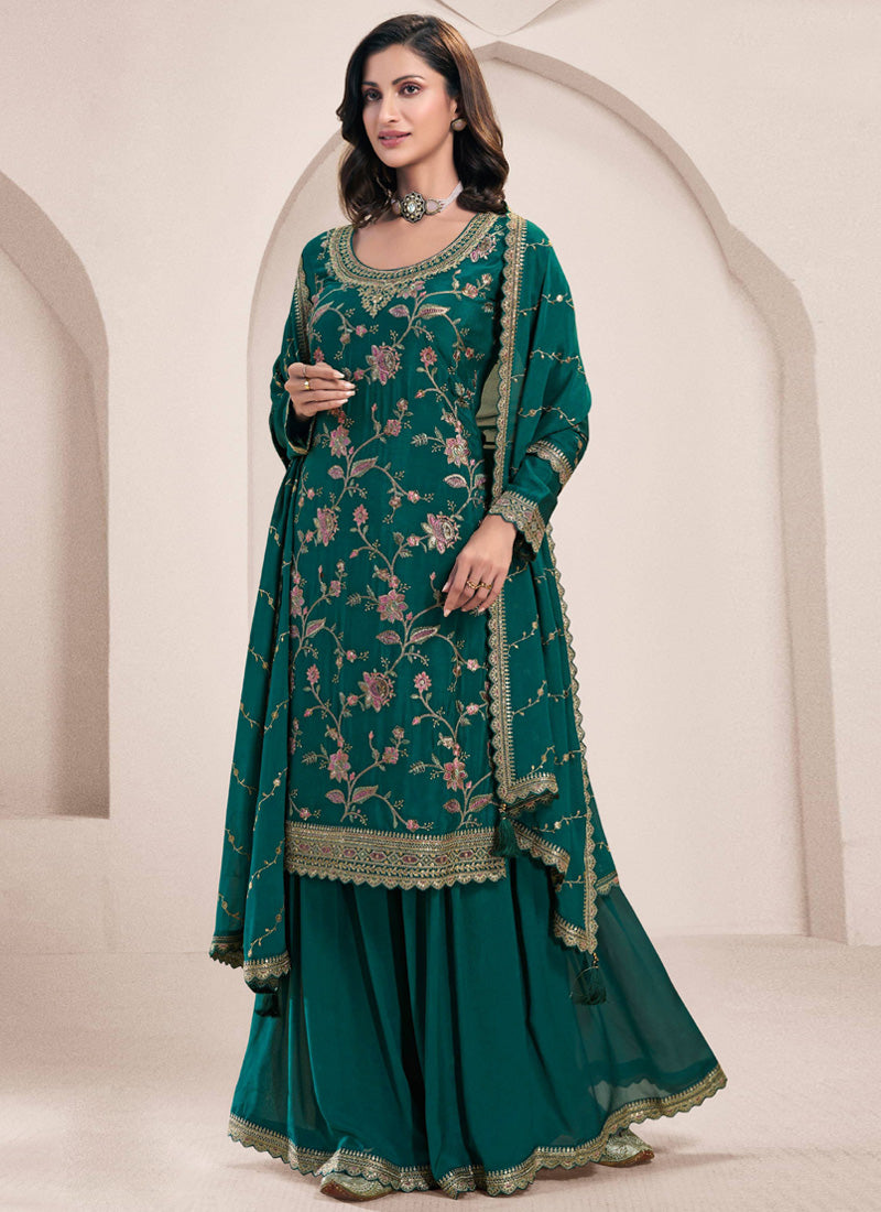 Aqua Green Chinon Silk Embroidered Sharara Suit