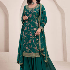 Aqua Green Chinon Silk Embroidered Sharara Suit
