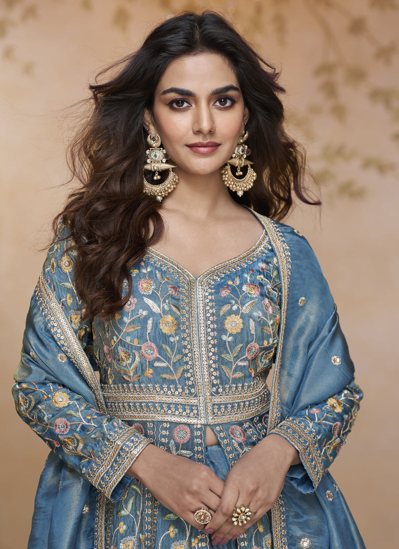 Sky Blue Simmar Silk Embroidered Wedding Wear Lehenga Style Suit