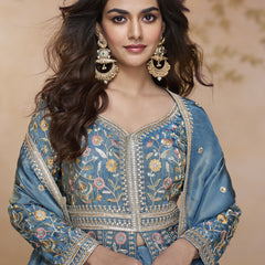 Sky Blue Simmar Silk Embroidered Wedding Wear Lehenga Style Suit
