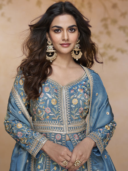 Sky Blue Simmar Silk Embroidered Wedding Wear Lehenga Style Suit