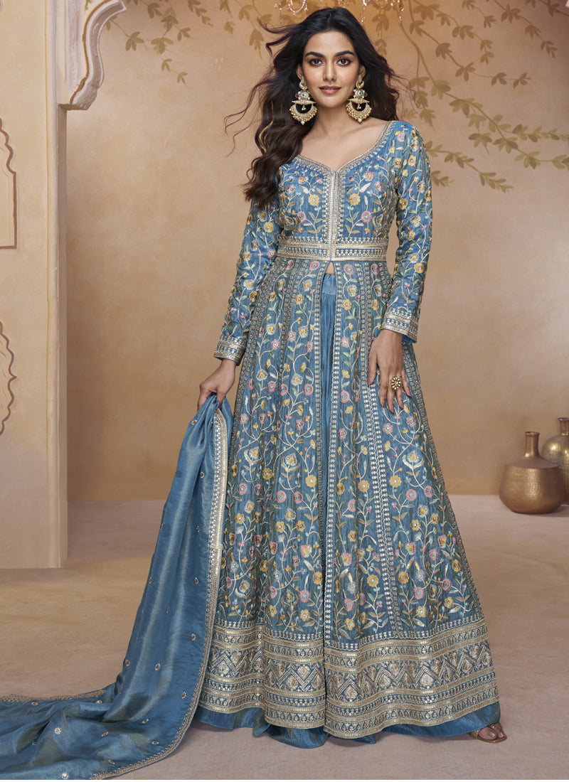 Sky Blue Simmar Silk Embroidered Wedding Wear Lehenga Style Suit