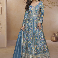 Sky Blue Simmar Silk Embroidered Wedding Wear Lehenga Style Suit