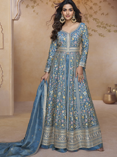 Sky Blue Simmar Silk Embroidered Wedding Wear Lehenga Style Suit