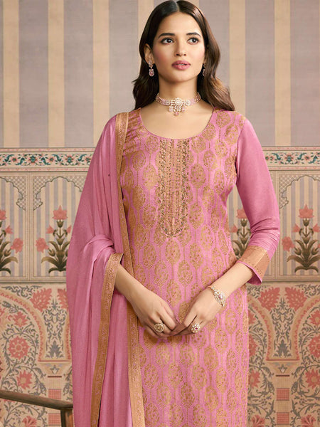 Light Pink Jacquard Silk Handwork Designer Salwar Suit