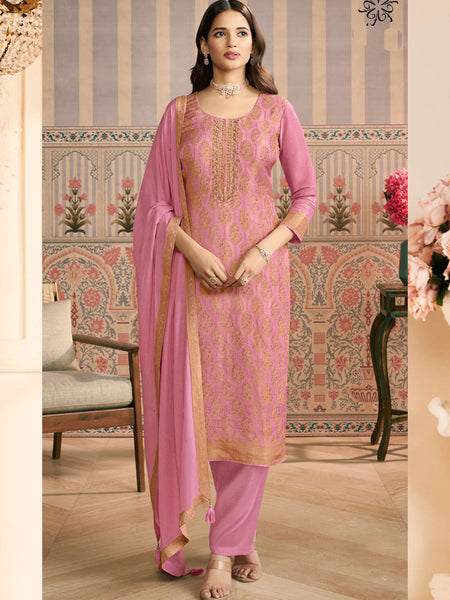Light Pink Jacquard Silk Handwork Designer Salwar Suit