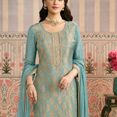 Light Blue Jacquard Silk Handwork Designer Salwar Suit