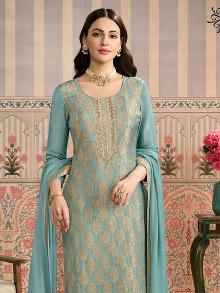Light Blue Jacquard Silk Handwork Designer Salwar Suit