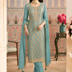 Light Blue Jacquard Silk Handwork Designer Salwar Suit
