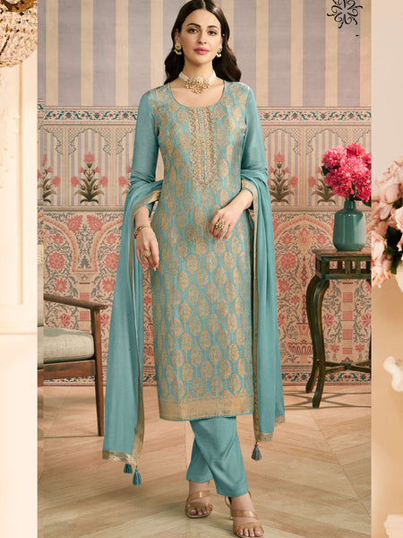 Light Blue Jacquard Silk Handwork Designer Salwar Suit