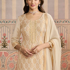 Off White  Jacquard Silk Handwork Designer Salwar Suit