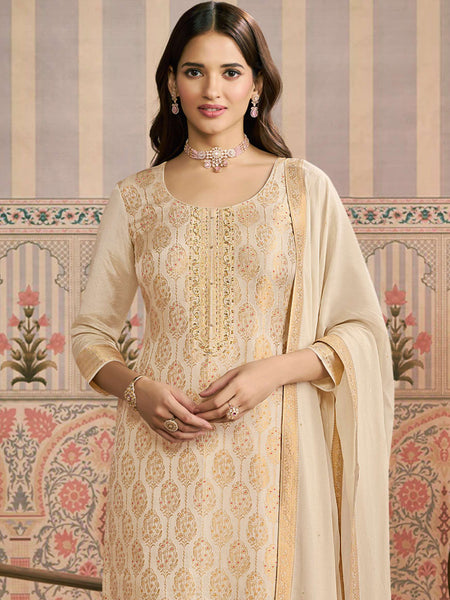 Off White  Jacquard Silk Handwork Designer Salwar Suit