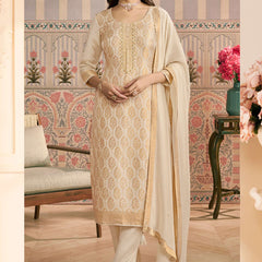 Off White  Jacquard Silk Handwork Designer Salwar Suit