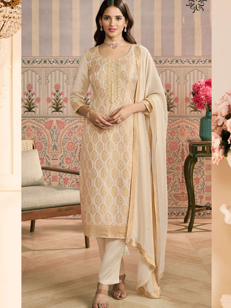 Off White  Jacquard Silk Handwork Designer Salwar Suit