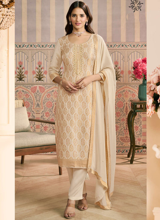 Off White  Jacquard Silk Handwork Designer Salwar Suit