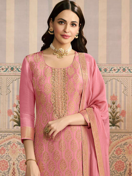 Pink Jacquard Silk Handwork Designer Salwar Suit