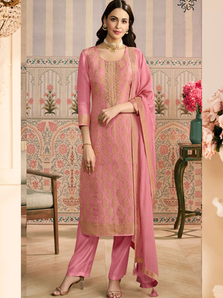 Pink Jacquard Silk Handwork Designer Salwar Suit