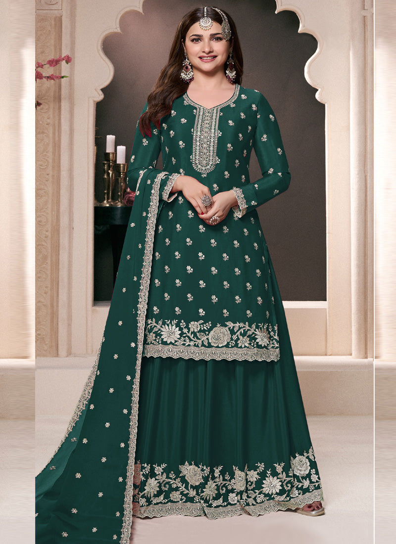 Dark Green Chinon Silk Embroidered Palazzo Suit