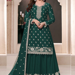 Dark Green Chinon Silk Embroidered Palazzo Suit