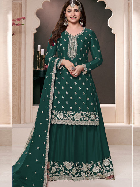 Dark Green Chinon Silk Embroidered Palazzo Suit