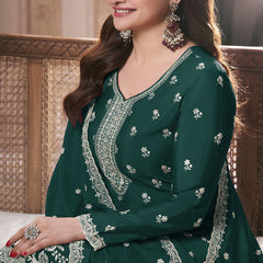 Dark Green Chinon Silk Embroidered Palazzo Suit