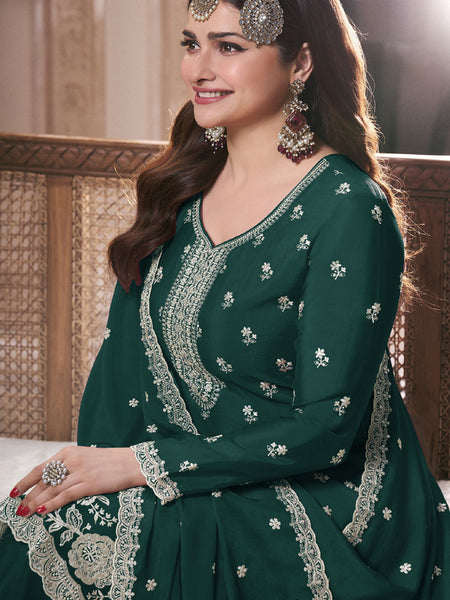 Dark Green Chinon Silk Embroidered Palazzo Suit