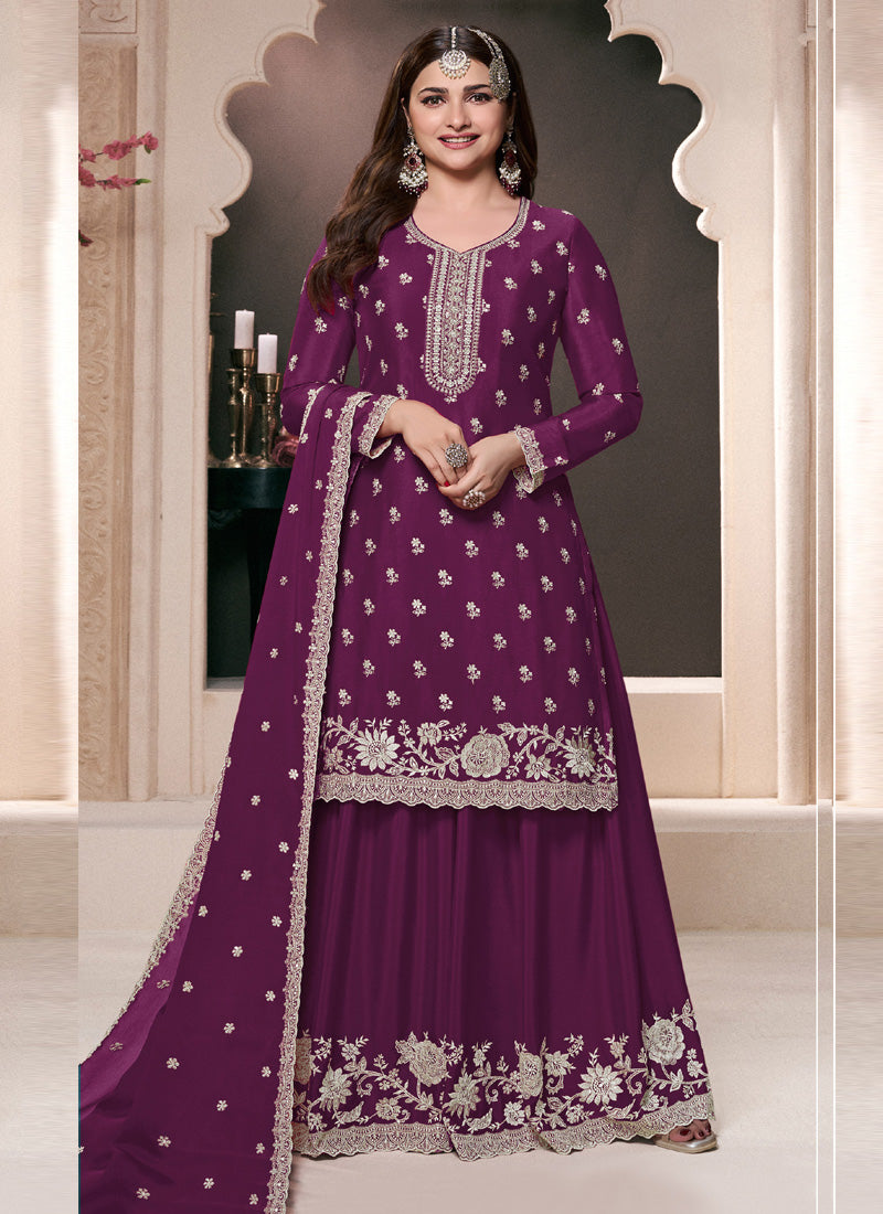 Violet Chinon Silk Embroidered Palazzo Suit