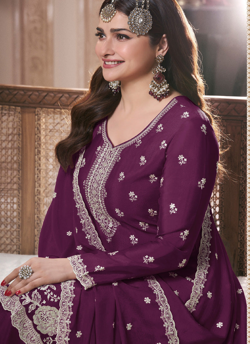 Violet Chinon Silk Embroidered Palazzo Suit