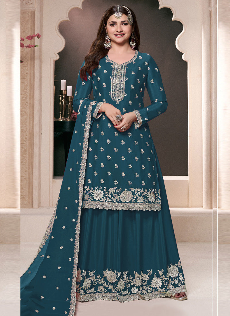 Aqua Blue Chinon Silk Embroidered Palazzo Suit