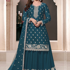Aqua Blue Chinon Silk Embroidered Palazzo Suit