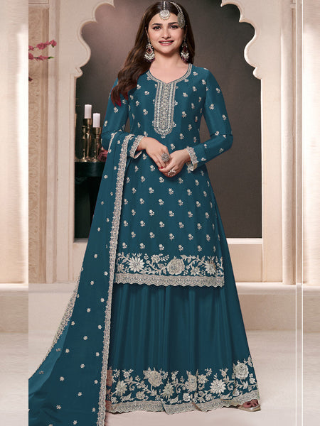 Aqua Blue Chinon Silk Embroidered Palazzo Suit