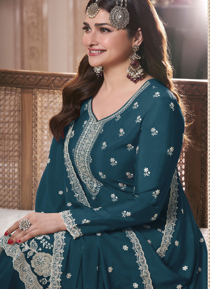 Aqua Blue Chinon Silk Embroidered Palazzo Suit