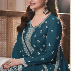 Aqua Blue Chinon Silk Embroidered Palazzo Suit