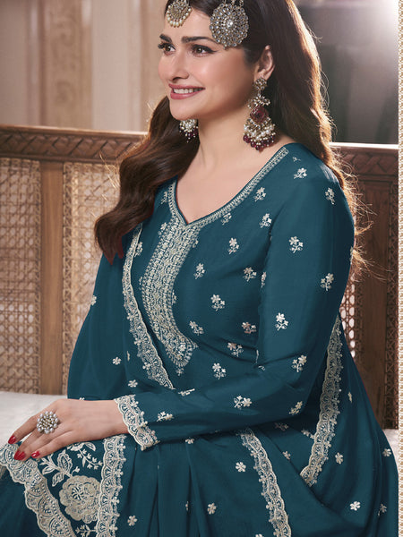 Aqua Blue Chinon Silk Embroidered Palazzo Suit