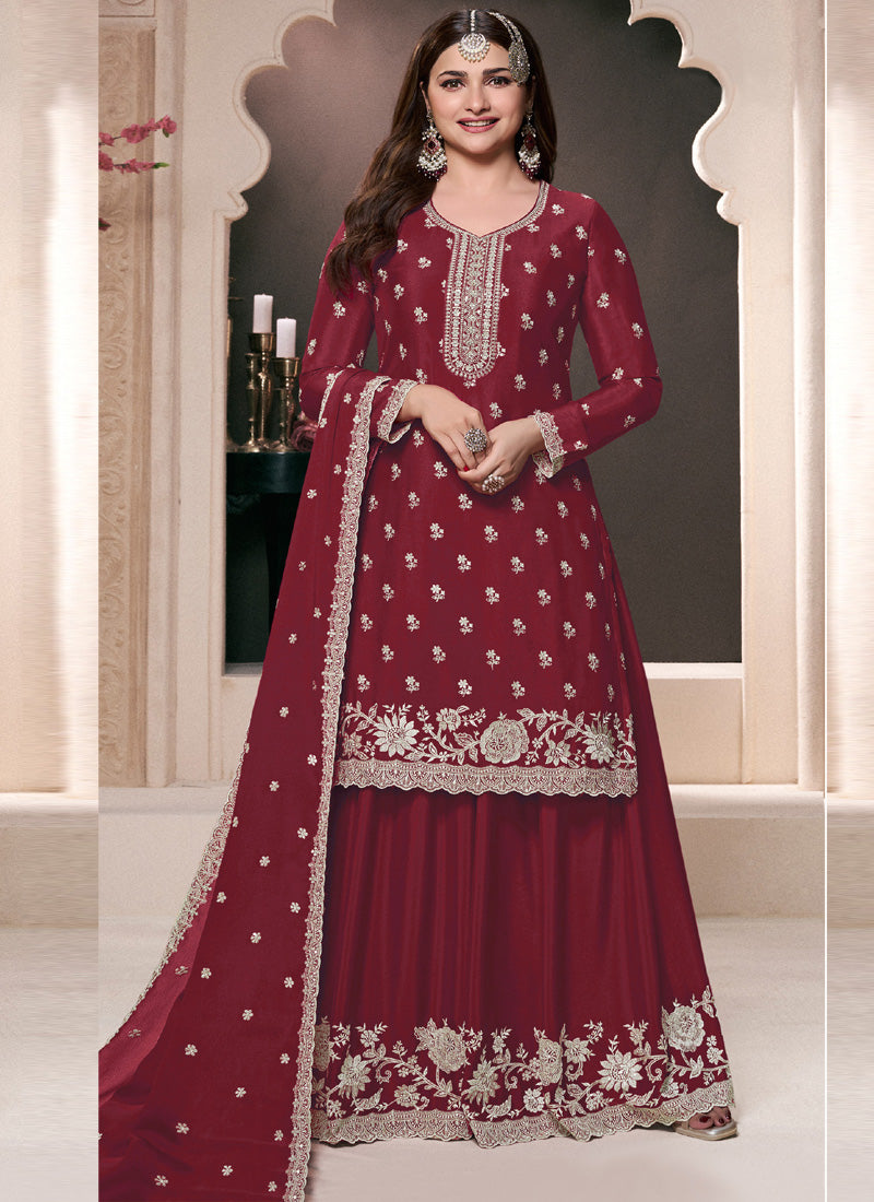 Maroon Chinon Silk Embroidered Palazzo Suit