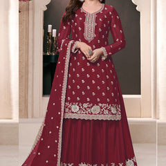 Maroon Chinon Silk Embroidered Palazzo Suit