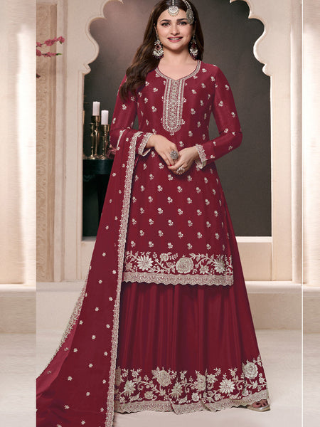 Maroon Chinon Silk Embroidered Palazzo Suit